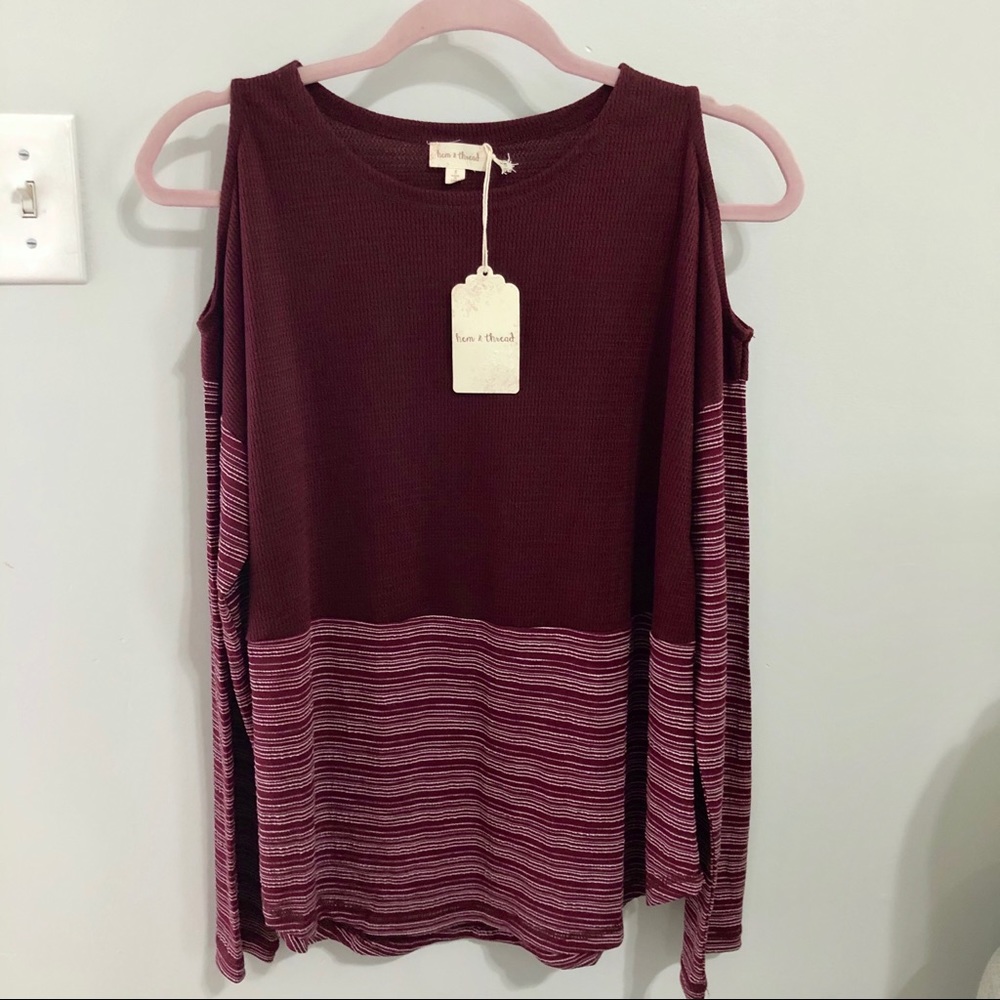 Hem & Thread maroon cold shoulder long sleeve top